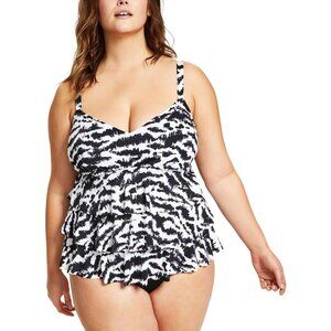 NWT Swim Solutions Plus Printed Tiered One-Piece Swimsuit Black / White 20W